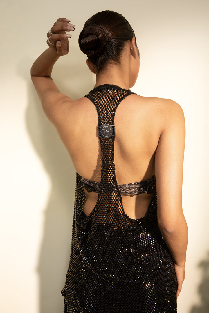 Black Rhinestone Wide Legged Pants And Top Co-ord Set With Lace Bralette