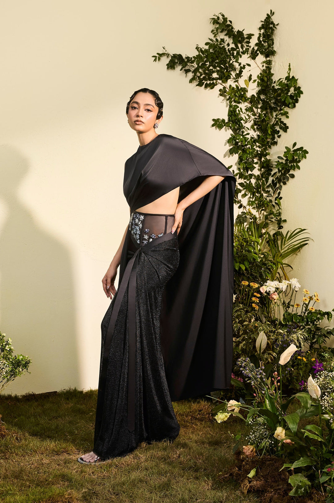 Black Satin Chainmail Skirt With Assymetrical Satin Draped Top