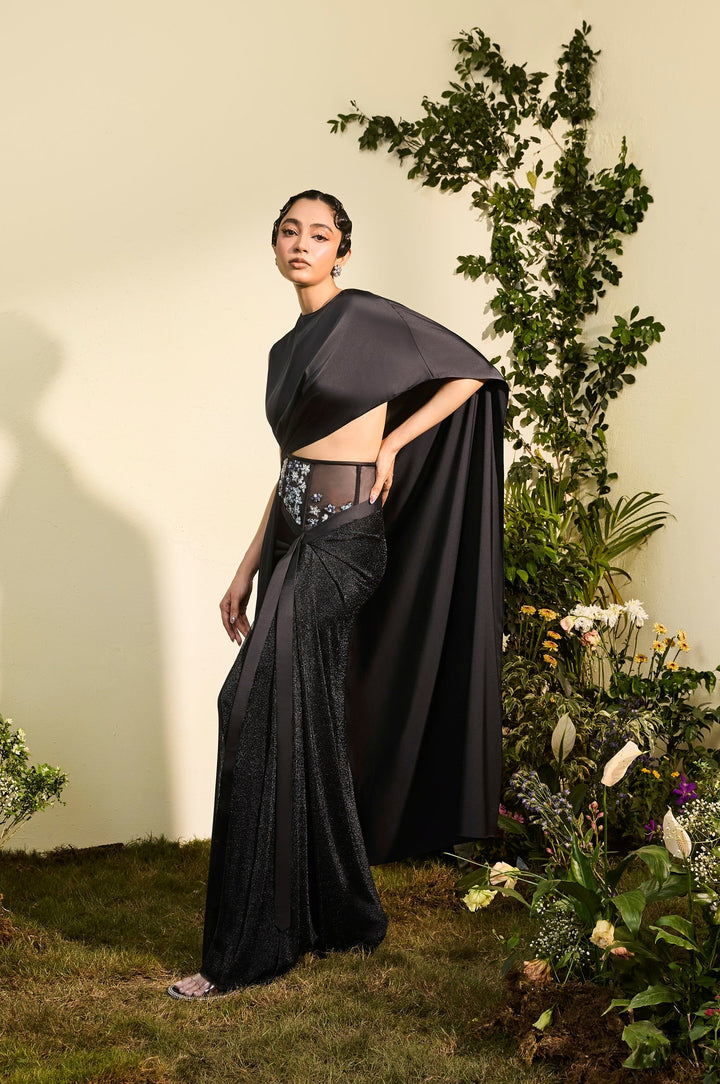 Black Satin Chainmail Skirt With Assymetrical Satin Draped Top