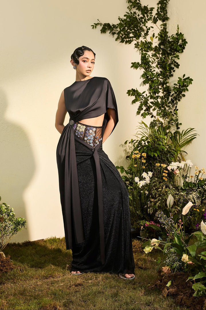 Black Satin Chainmail Skirt With Assymetrical Satin Draped Top