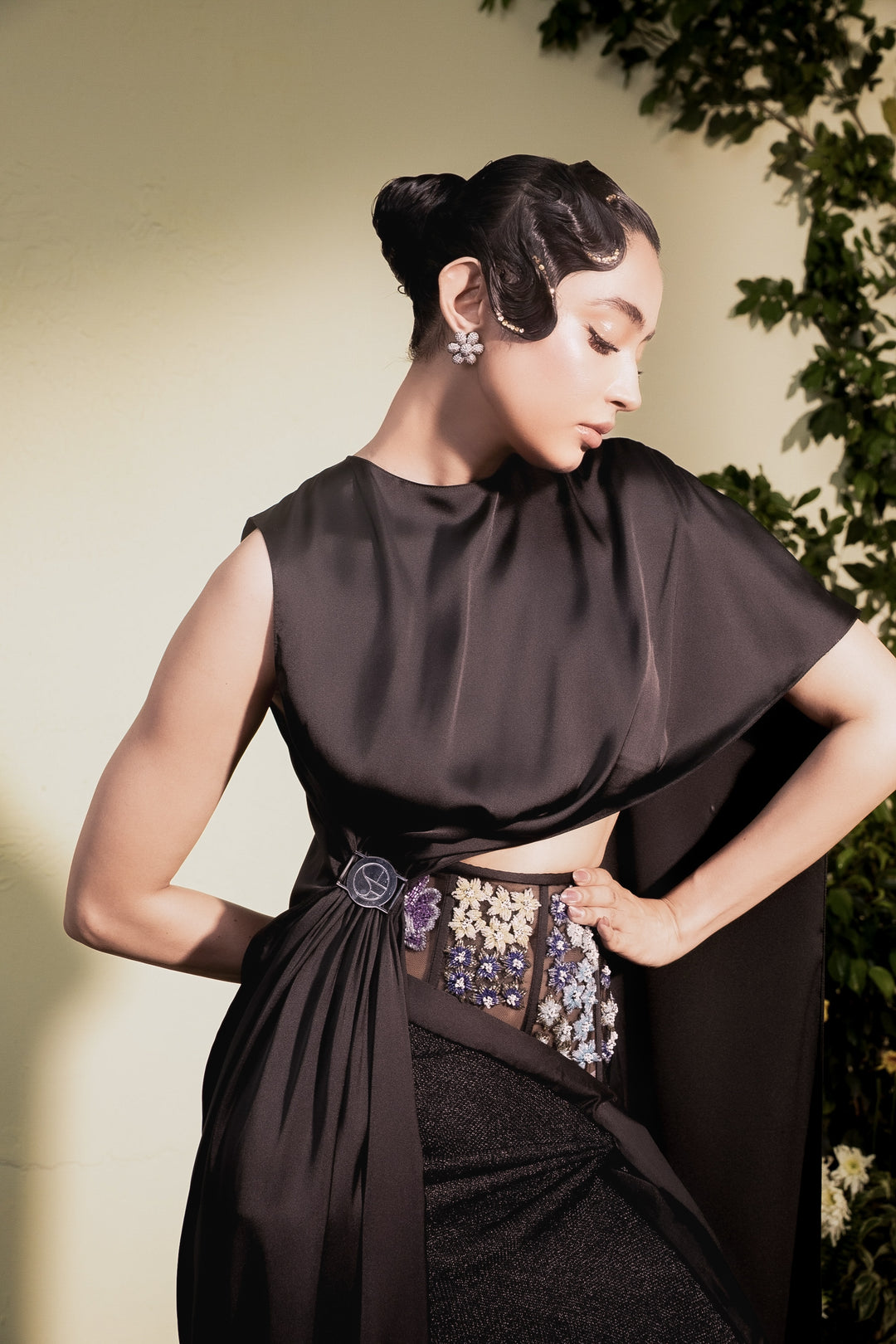 Black Satin Chainmail Skirt With Assymetrical Satin Draped Top