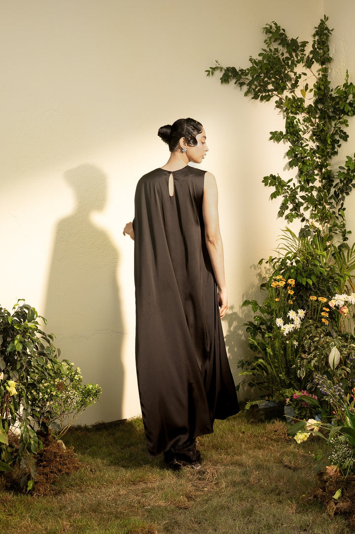 Black Satin Chainmail Skirt With Assymetrical Satin Draped Top