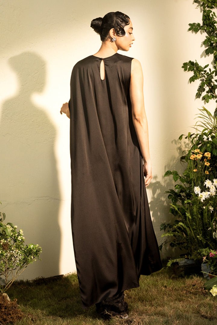 Black Satin Chainmail Skirt With Assymetrical Satin Draped Top