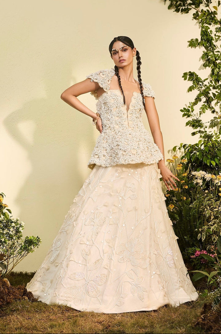 Ivory Anther Peplum With Detachable Collar And Velvet Applique Lehenga