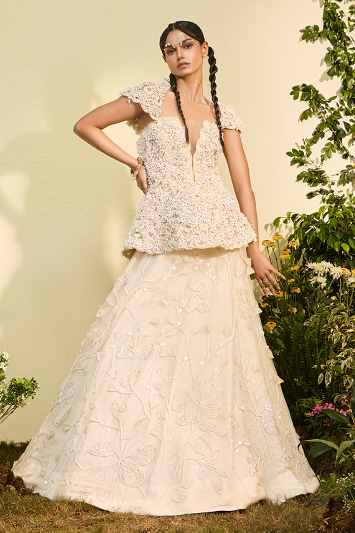 Ivory Anther Peplum With Detachable Collar And Velvet Applique Lehenga