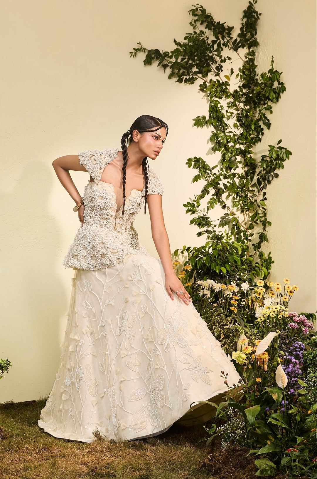 Ivory Anther Peplum With Detachable Collar And Velvet Applique Lehenga