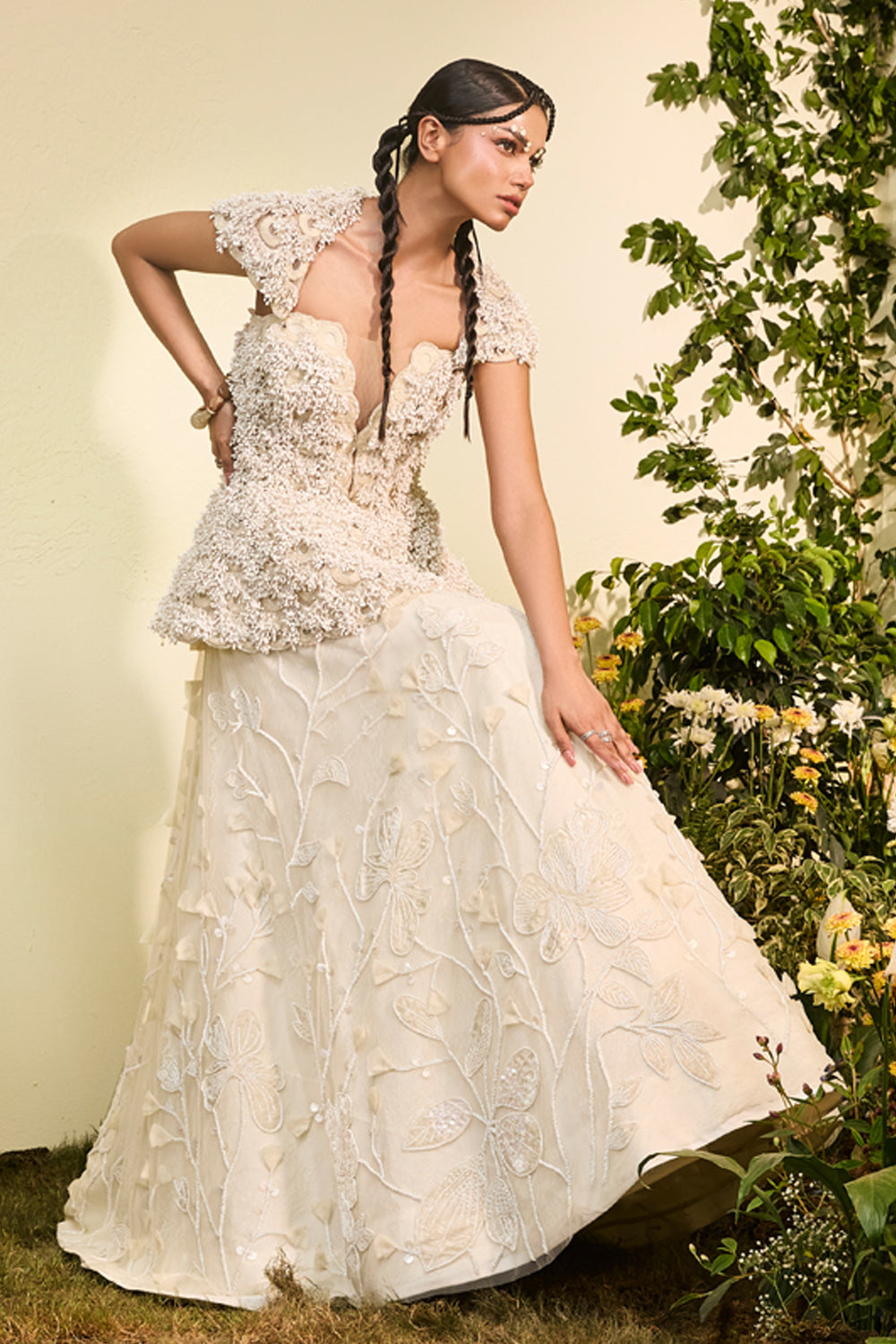 Ivory Anther Peplum With Detachable Collar And Velvet Applique Lehenga