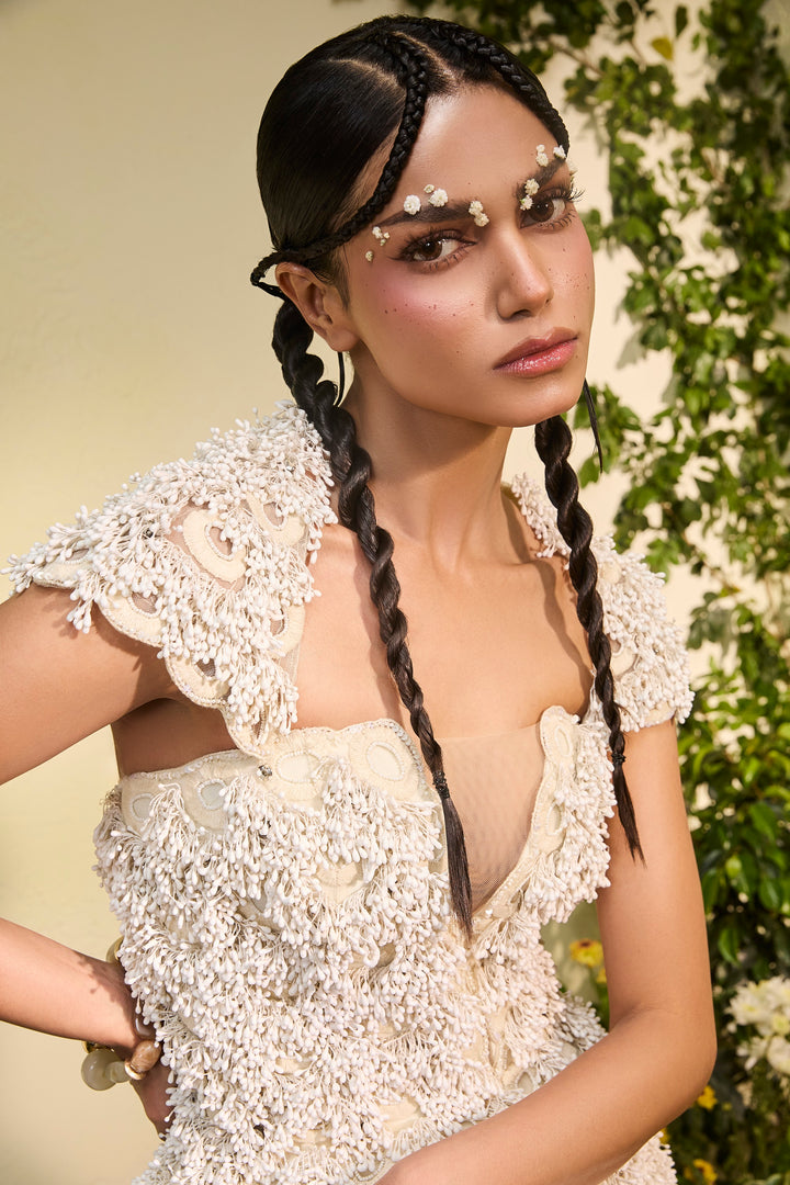Ivory Anther Peplum With Detachable Collar And Velvet Applique Lehenga
