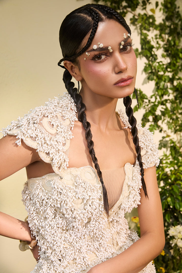 Ivory Anther Peplum With Detachable Collar And Velvet Applique Lehenga