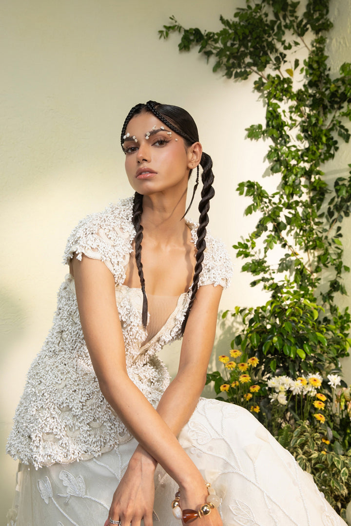Ivory Anther Peplum With Detachable Collar And Velvet Applique Lehenga