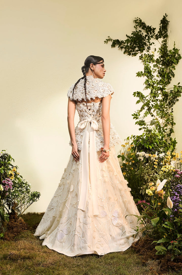 Ivory Anther Peplum With Detachable Collar And Velvet Applique Lehenga
