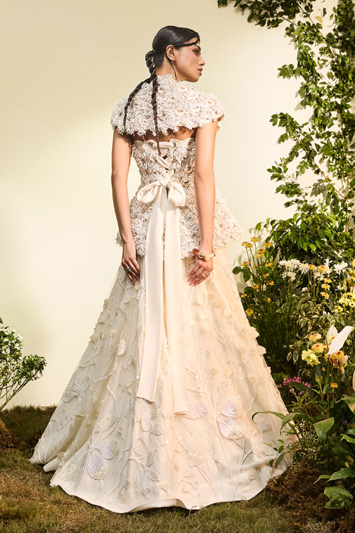 Ivory Anther Peplum With Detachable Collar And Velvet Applique Lehenga