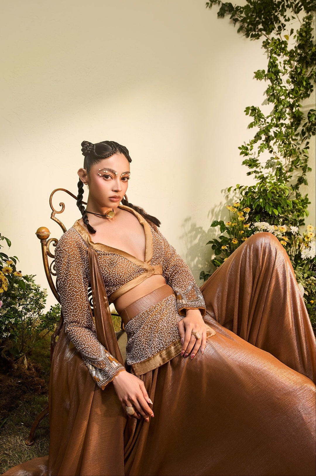 Copper Hand Embroidered Blouse With Chiffon Drape And Wide Legged Pants
