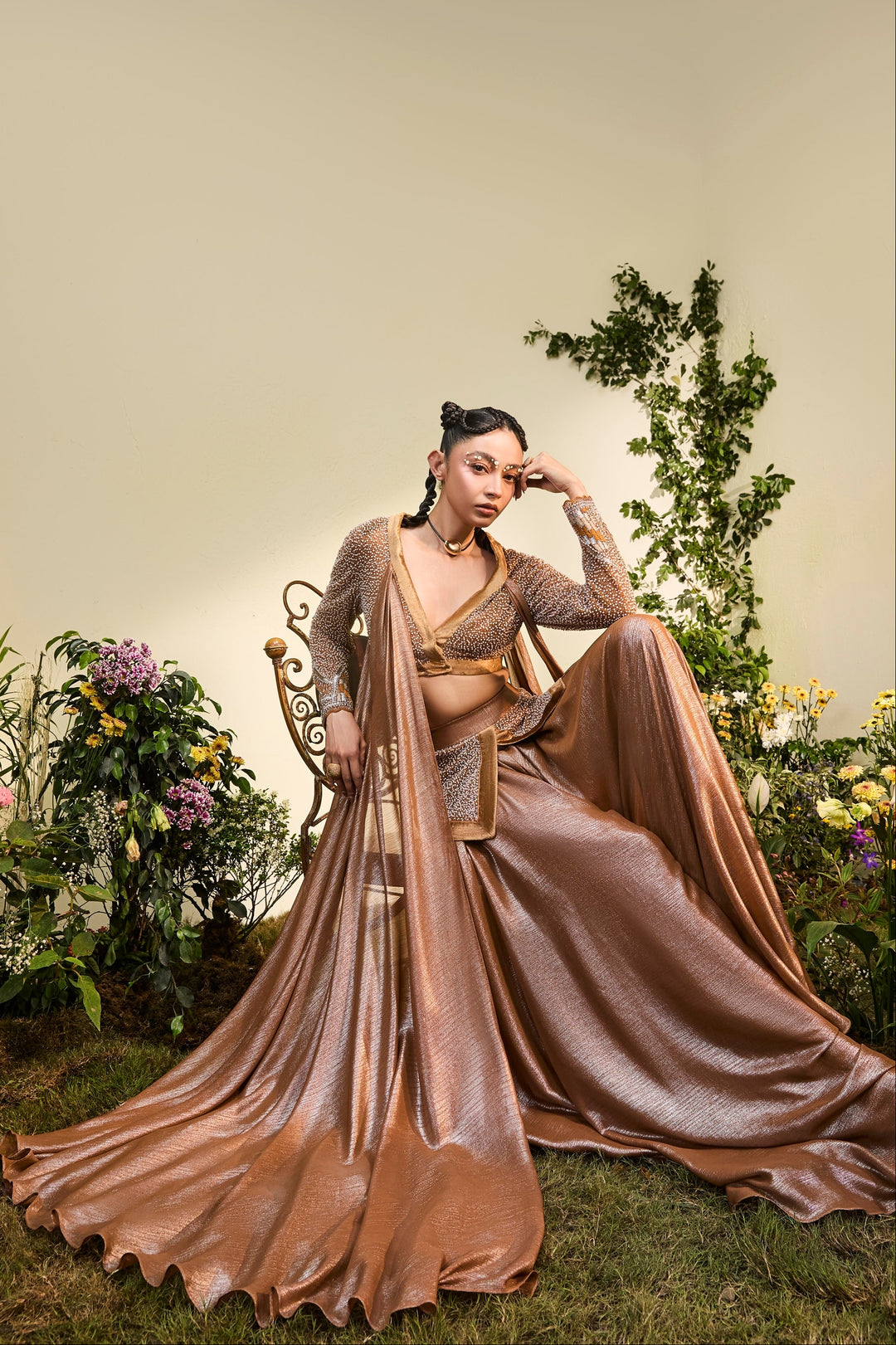 Copper Hand Embroidered Blouse With Chiffon Drape And Wide Legged Pants