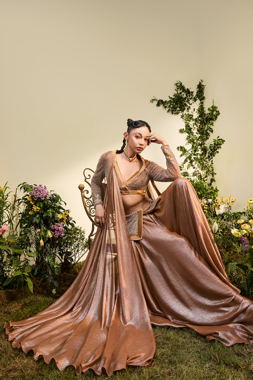 Copper Hand Embroidered Blouse With Chiffon Drape And Wide Legged Pants