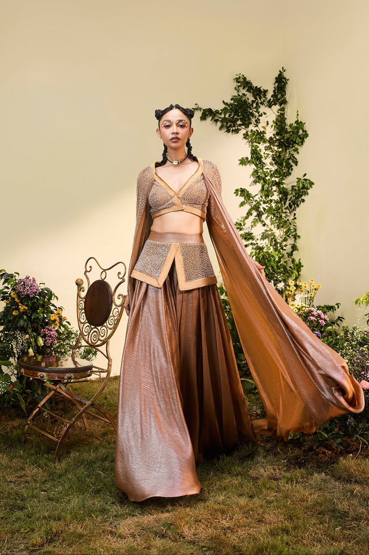 Copper Hand Embroidered Blouse With Chiffon Drape And Wide Legged Pants