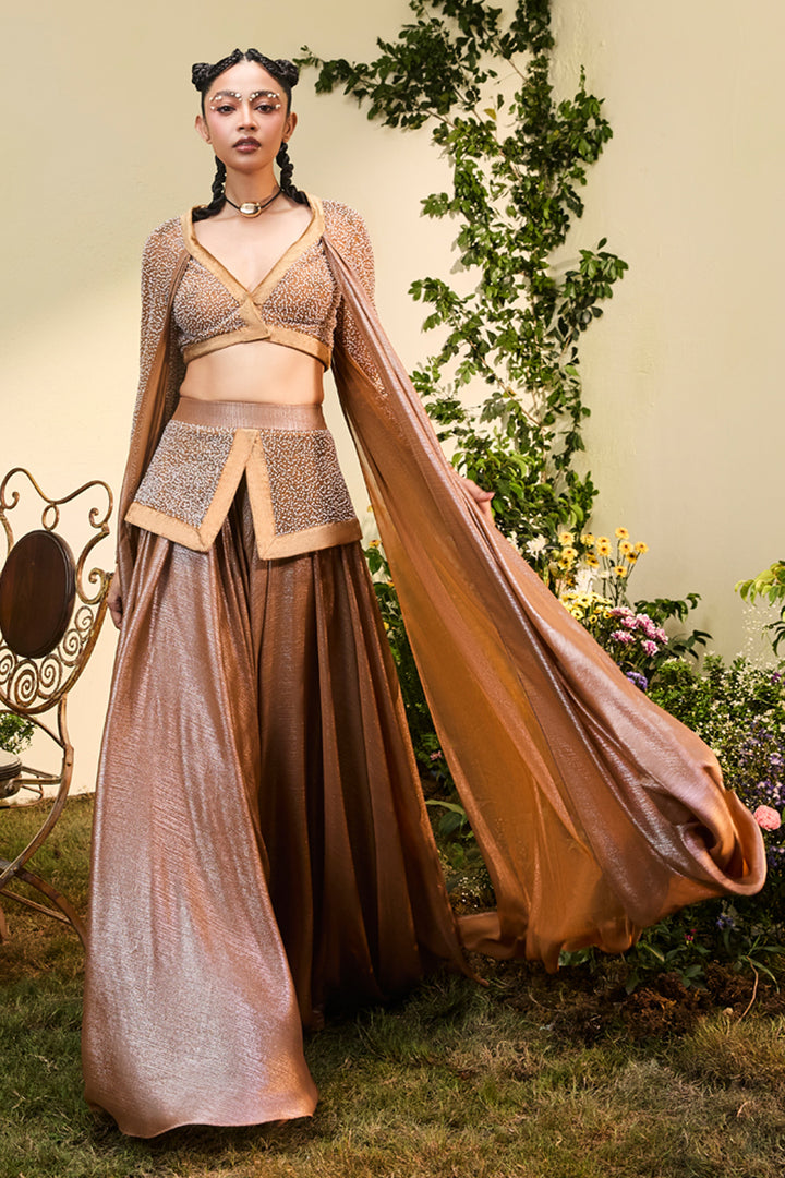 Copper Hand Embroidered Blouse With Chiffon Drape And Wide Legged Pants