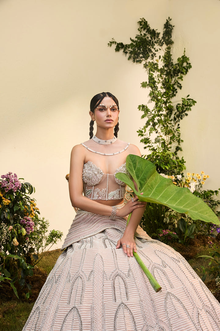 Blush Pink Pearl Embellished Lehenga Set With Corset And Detachable Collar