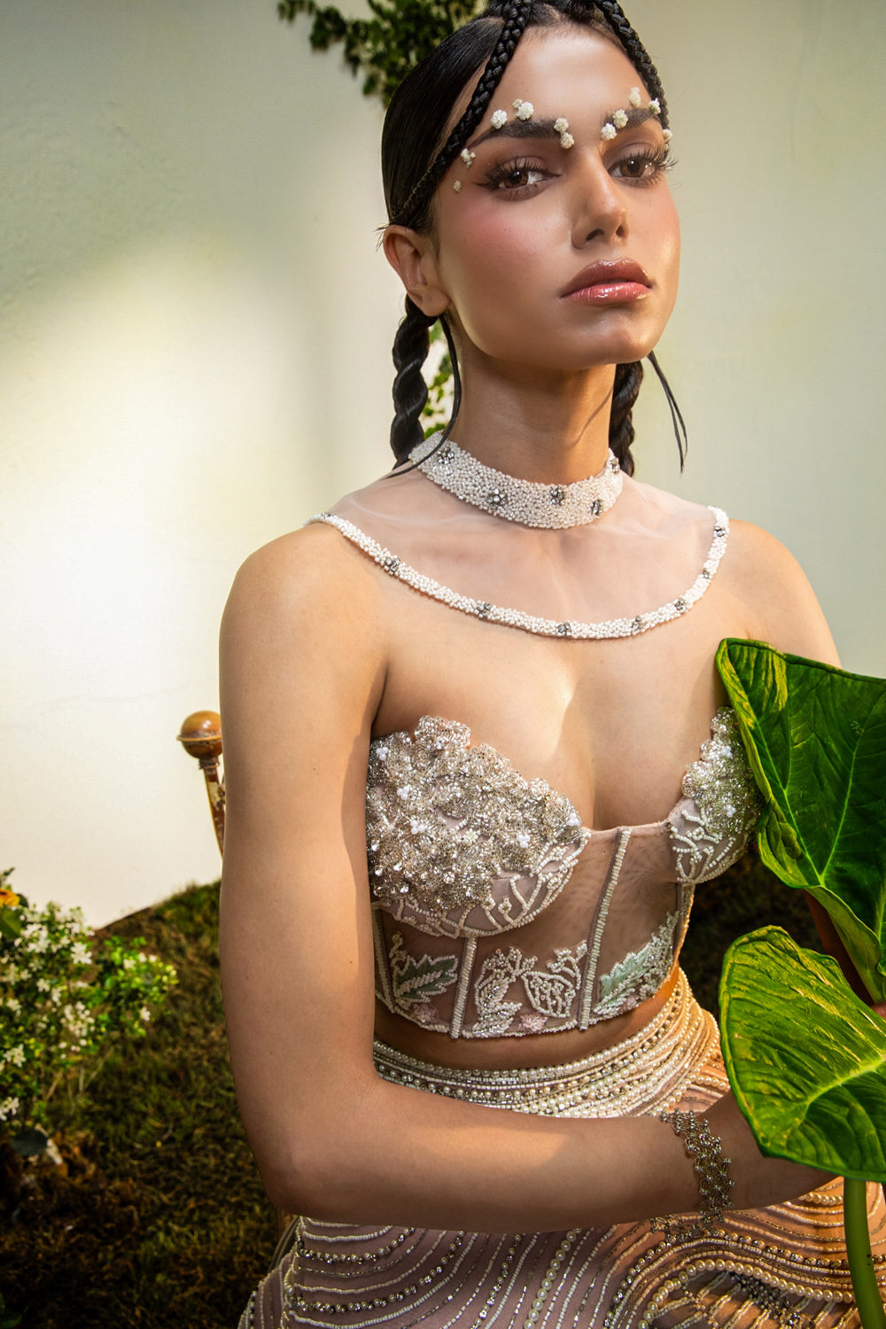 Blush Pink Pearl Embellished Lehenga Set With Corset And Detachable Collar