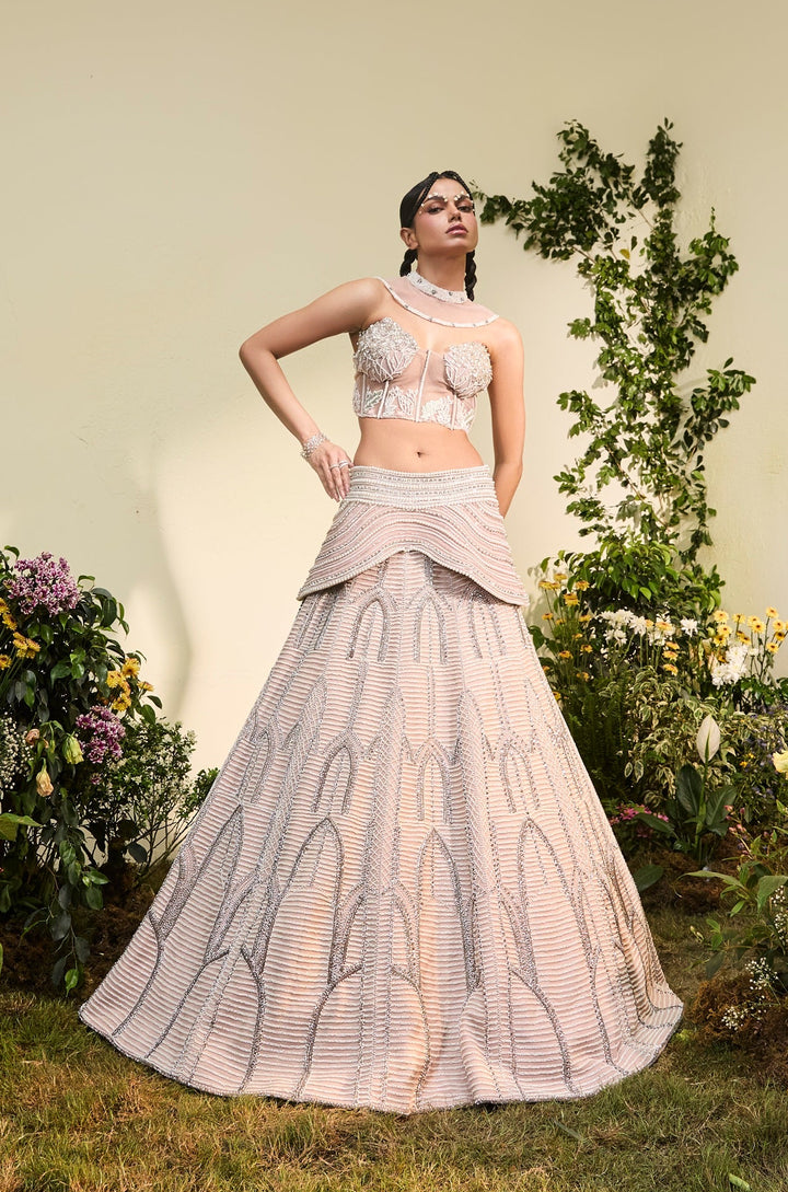 Blush Pink Pearl Embellished Lehenga Set With Corset And Detachable Collar