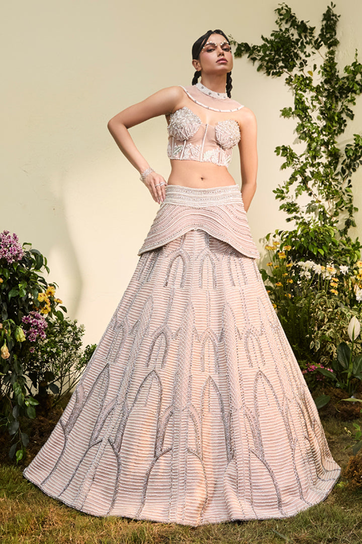 Blush Pink Pearl Embellished Lehenga Set With Corset And Detachable Collar