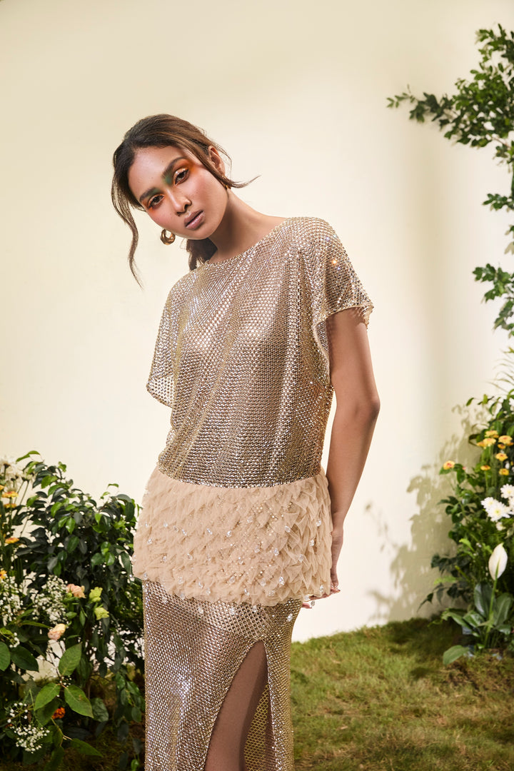 Gold Rhinestone Top & Slit Skirt Co-ord Set With Smocked Detail