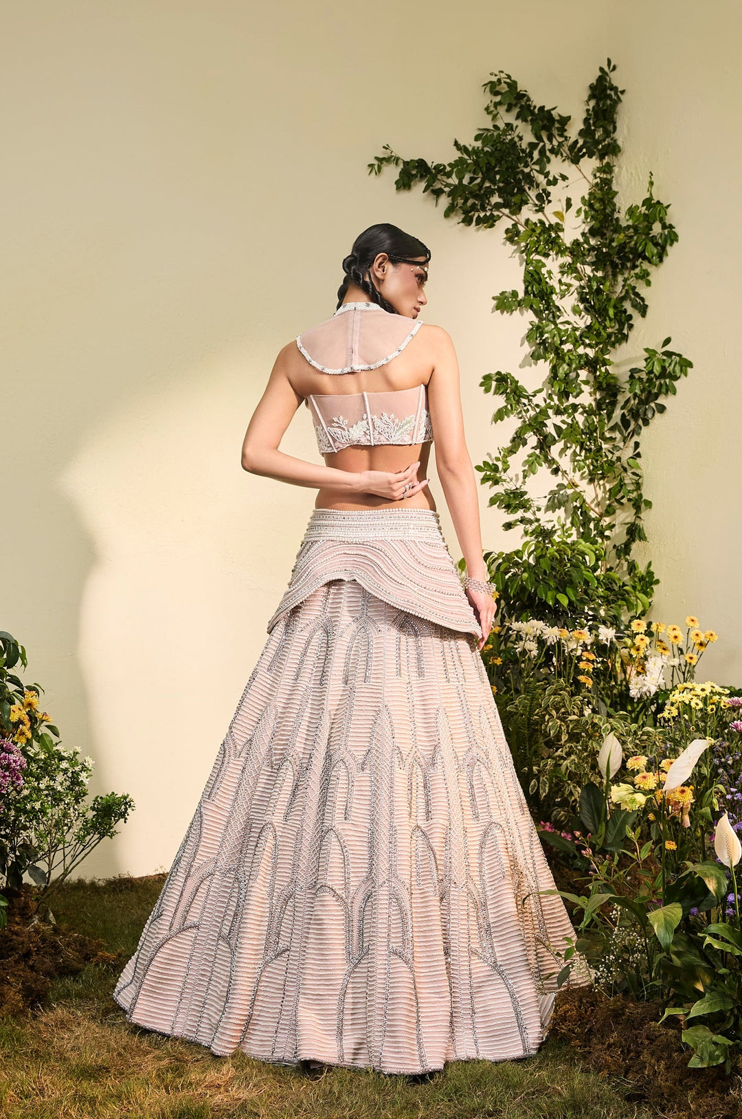 Blush Pink Pearl Embellished Lehenga Set With Corset And Detachable Collar