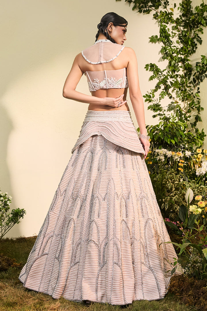 Blush Pink Pearl Embellished Lehenga Set With Corset And Detachable Collar