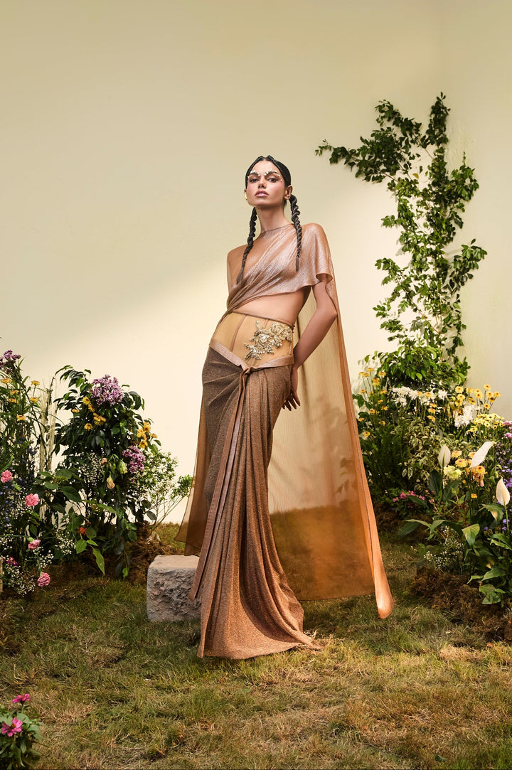 Copper Chiffon Asymmetrical Draped Top With Embellished Chainmail Skirt