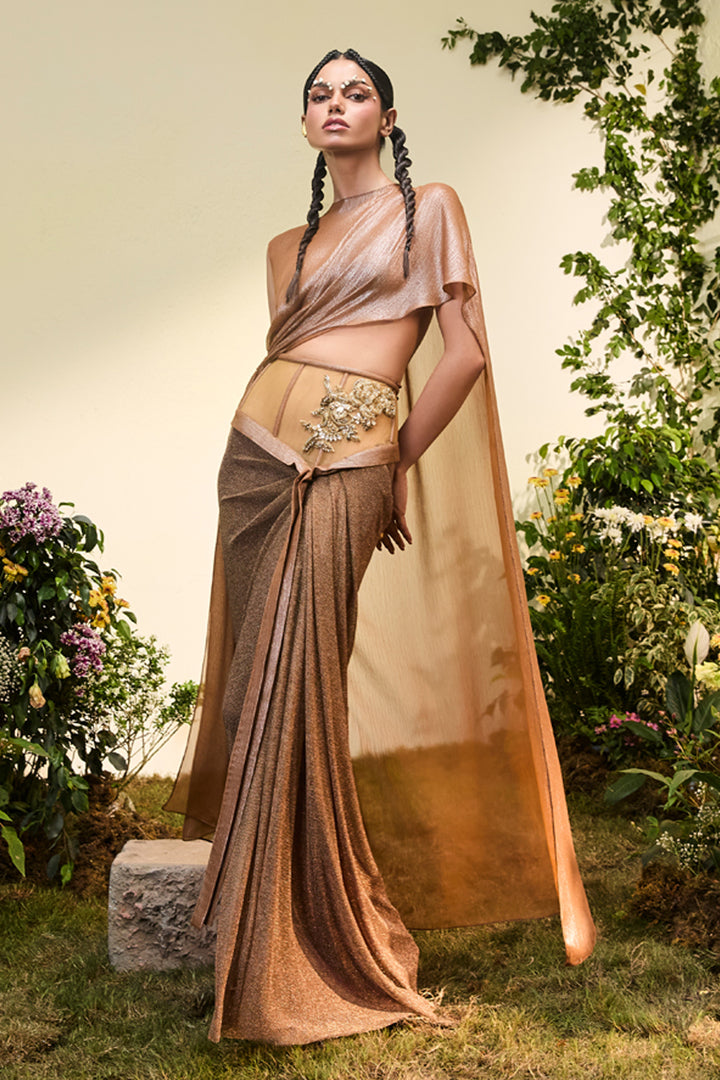 Copper Chiffon Asymmetrical Draped Top With Embellished Chainmail Skirt