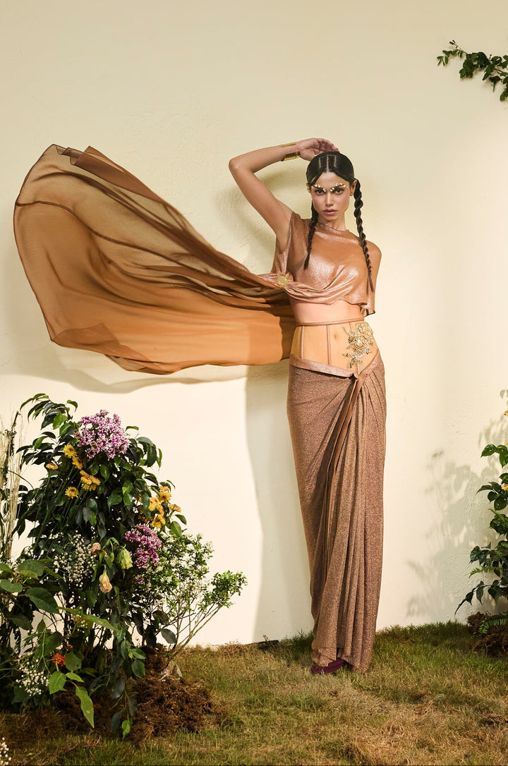 Copper Chiffon Asymmetrical Draped Top With Embellished Chainmail Skirt