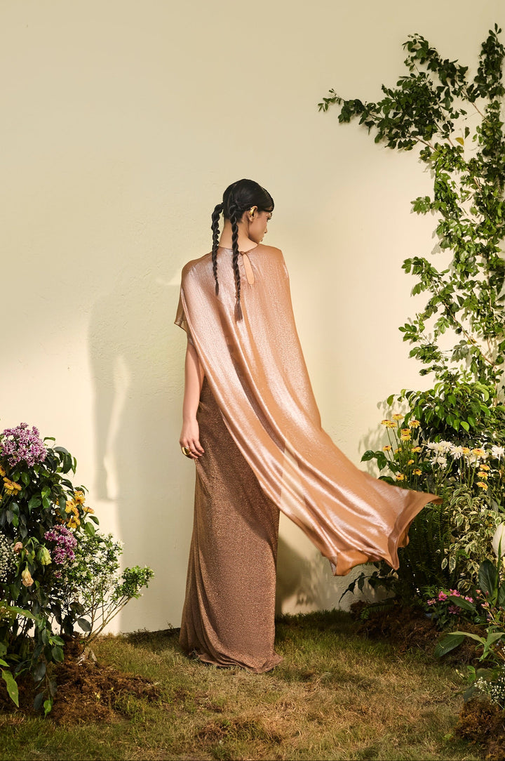 Copper Chiffon Asymmetrical Draped Top With Embellished Chainmail Skirt