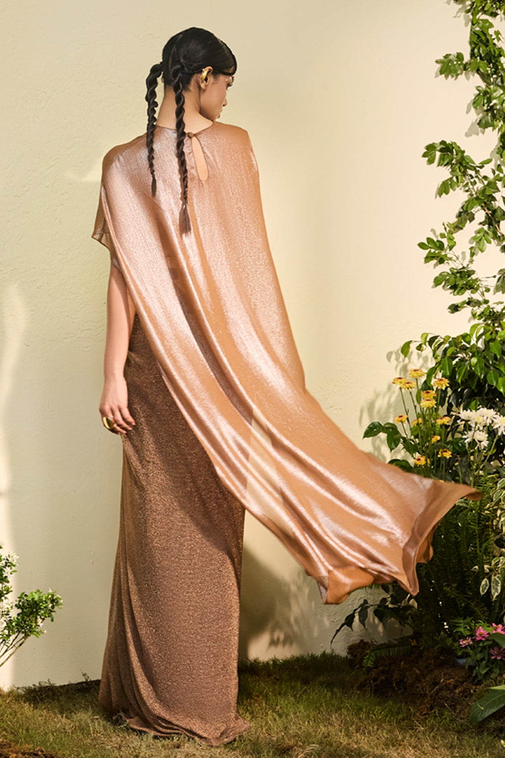 Copper Chiffon Asymmetrical Draped Top With Embellished Chainmail Skirt