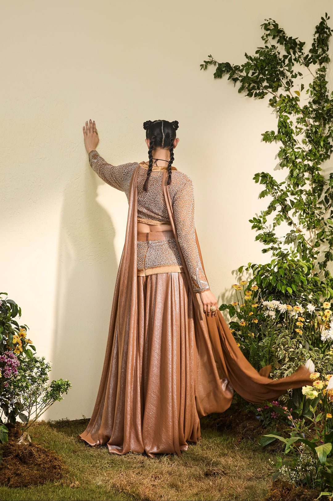 Copper Hand Embroidered Blouse With Chiffon Drape And Wide Legged Pants