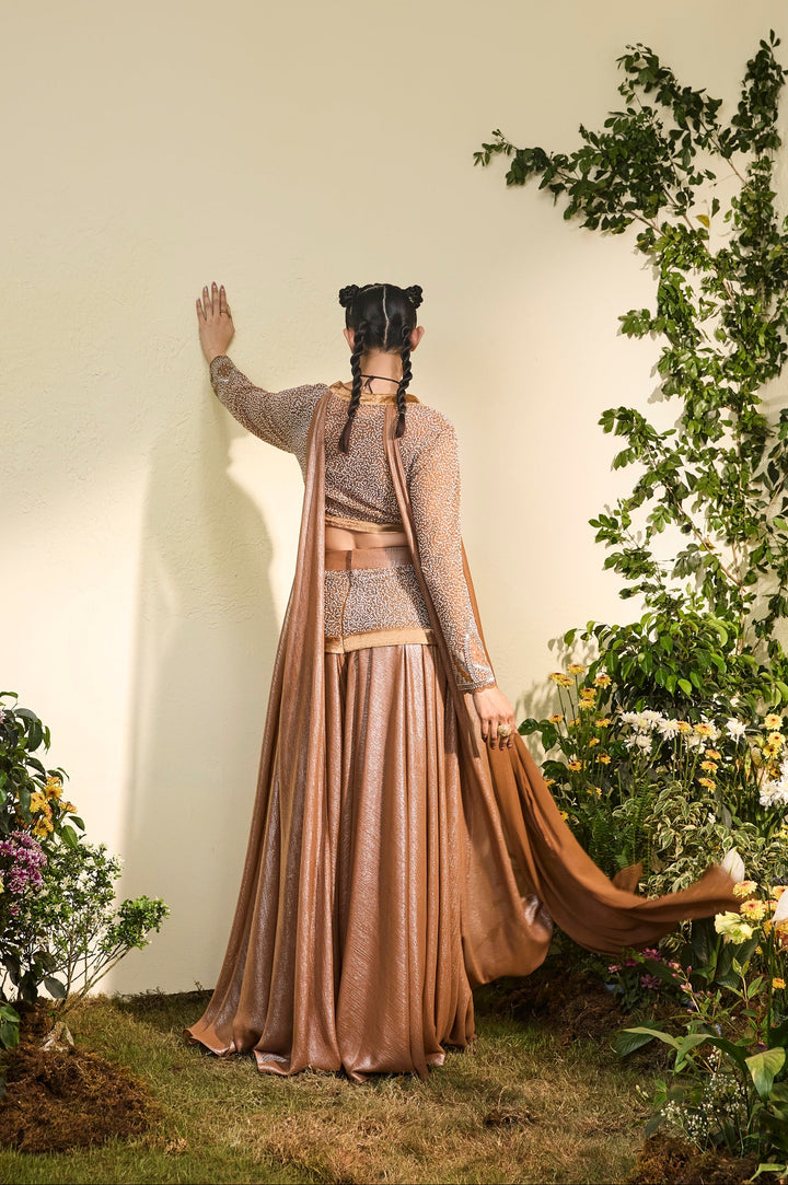 Copper Hand Embroidered Blouse With Chiffon Drape And Wide Legged Pants