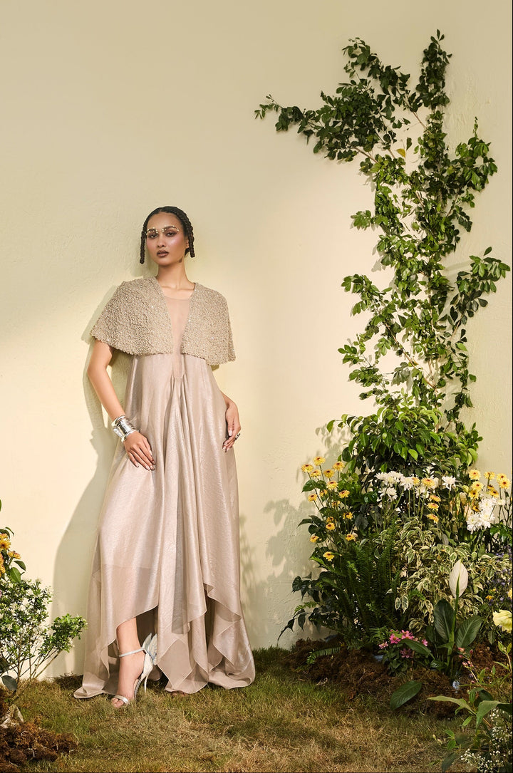 Grey Chiffon Dress With 3d Flower Detail