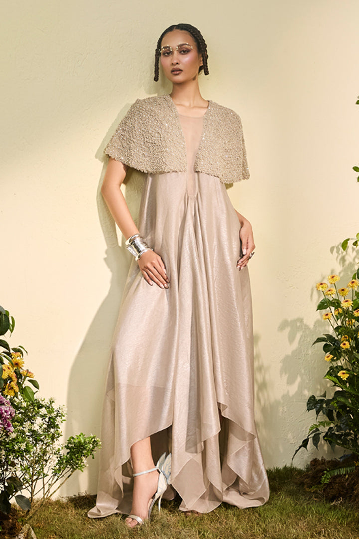 Grey Chiffon Dress With 3d Flower Detail