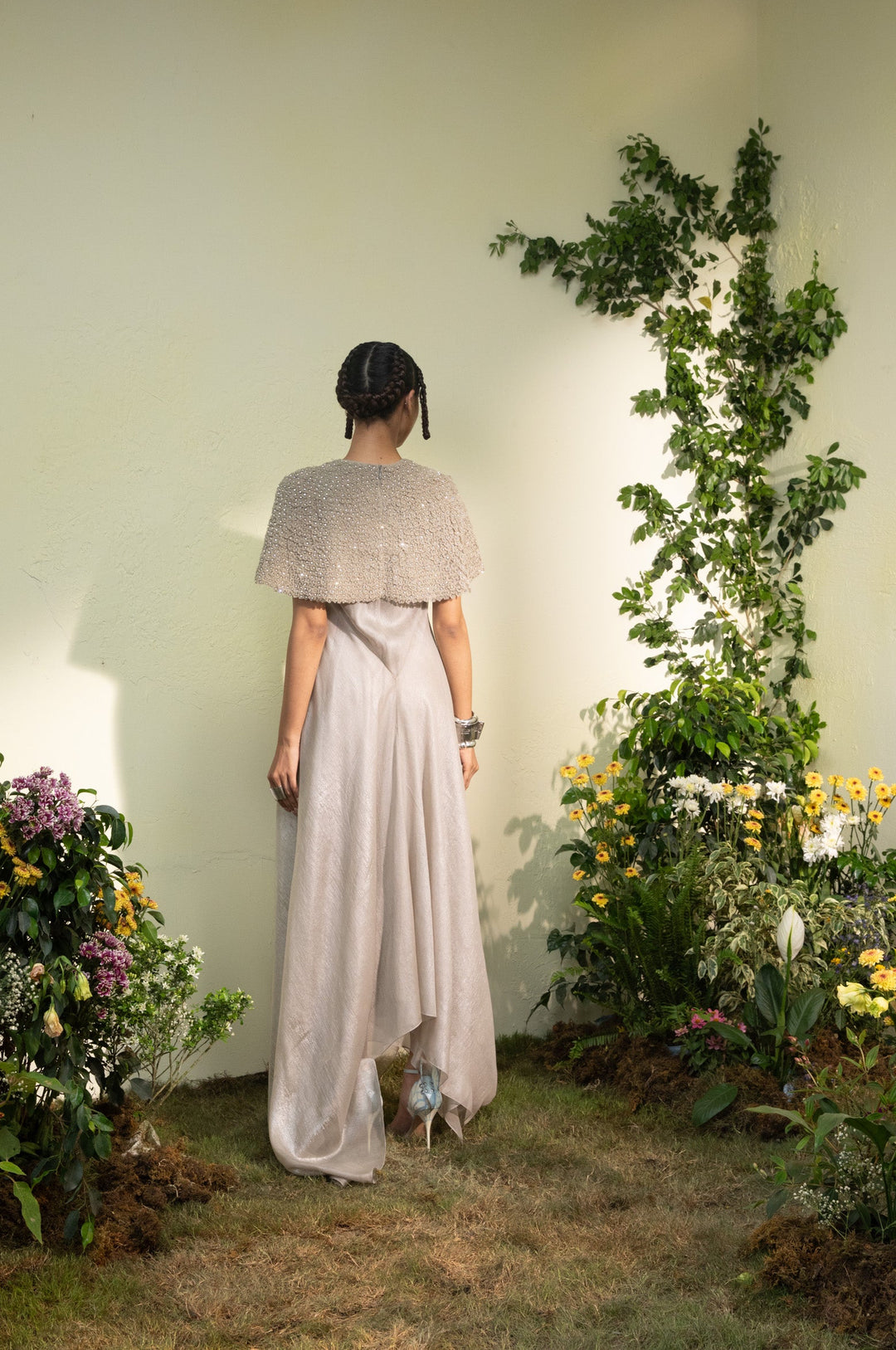 Grey Chiffon Dress With 3d Flower Detail