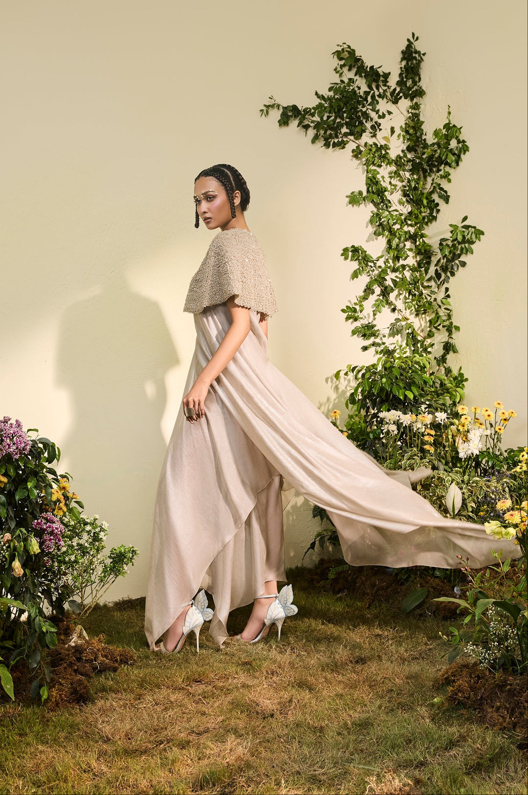 Grey Chiffon Dress With 3d Flower Detail