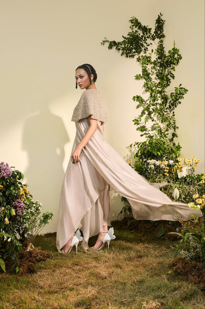 Grey Chiffon Dress With 3d Flower Detail