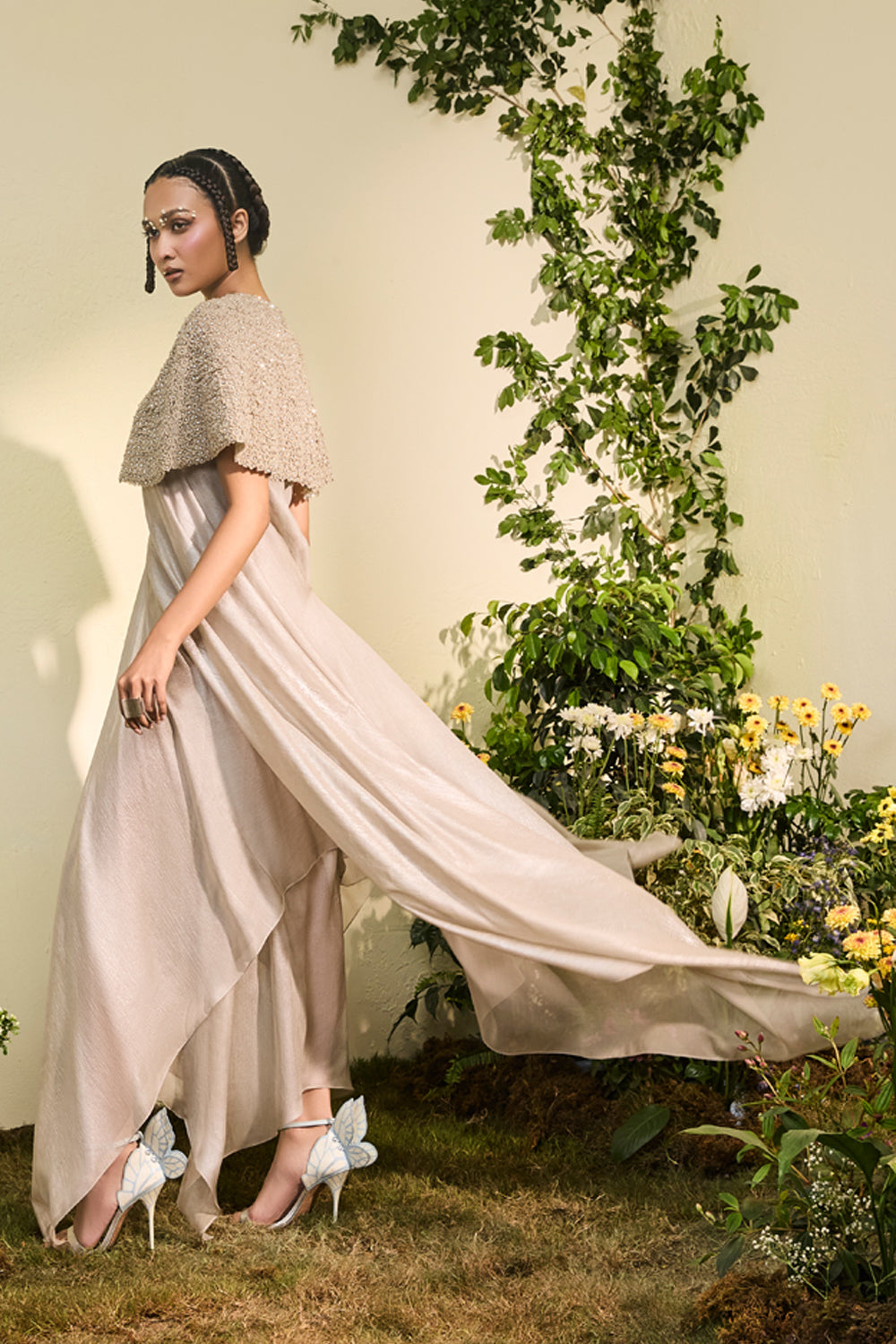 Grey Chiffon Dress With 3d Flower Detail
