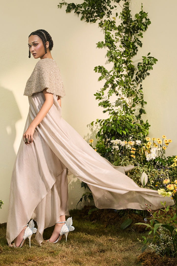 Grey Chiffon Dress With 3d Flower Detail