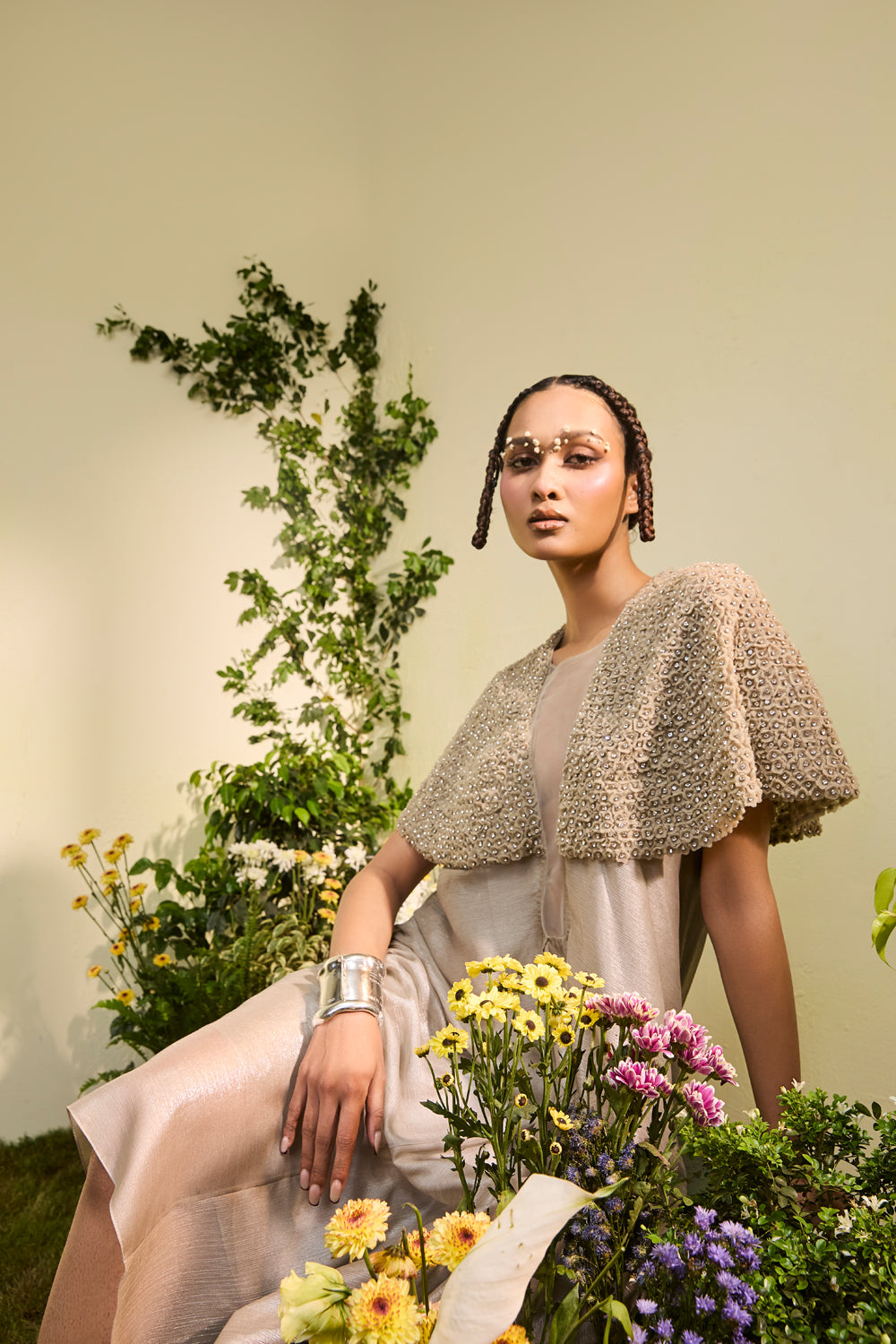 Grey Chiffon Dress With 3d Flower Detail