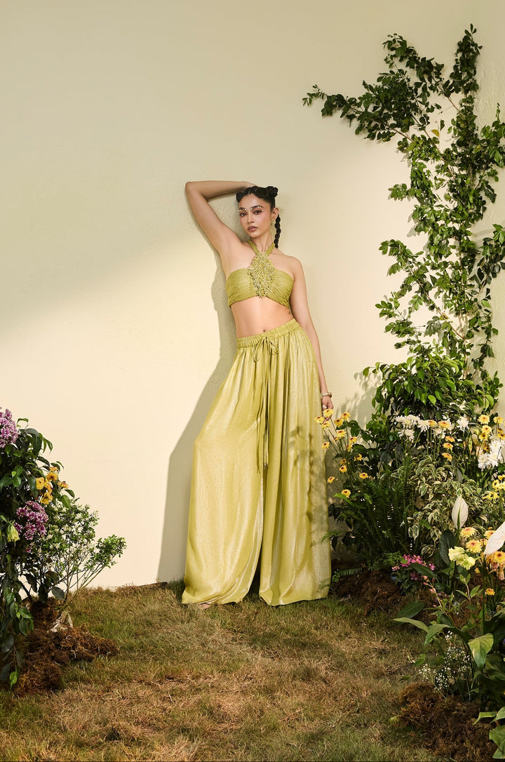 Lime Green Chiffon Anther Halter Blouse With Wide Legged Pants