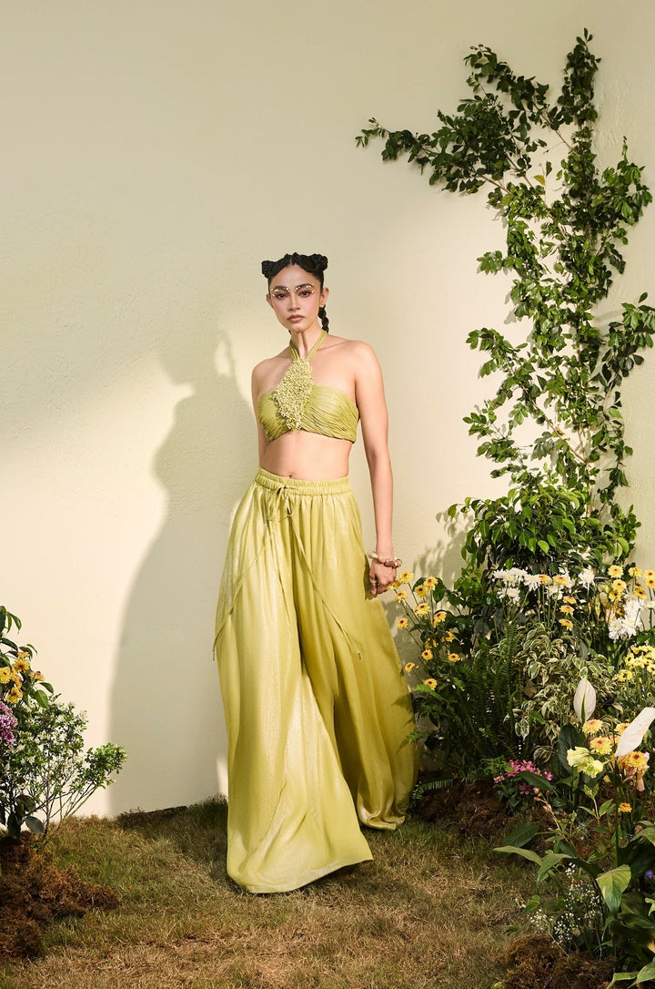 Lime Green Chiffon Anther Halter Blouse With Wide Legged Pants