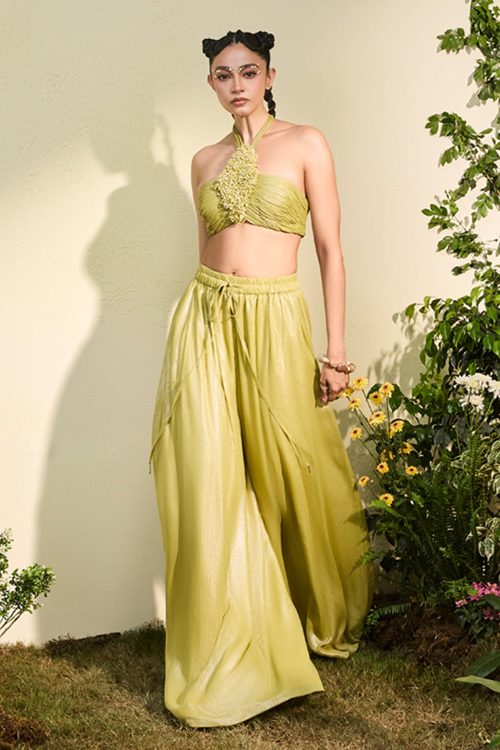 Lime Green Chiffon Anther Halter Blouse With Wide Legged Pants