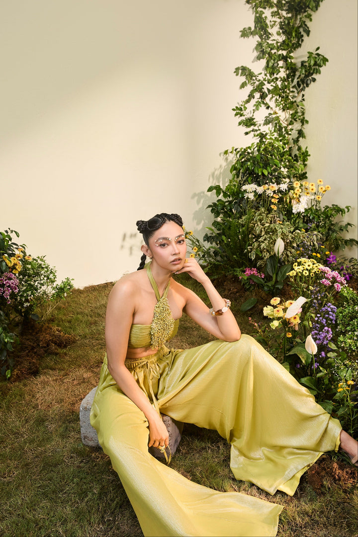 Lime Green Chiffon Anther Halter Blouse With Wide Legged Pants