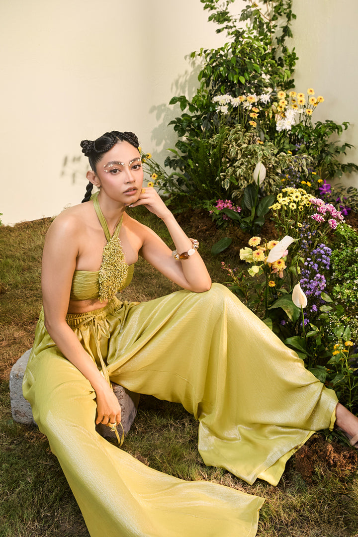 Lime Green Chiffon Anther Halter Blouse With Wide Legged Pants