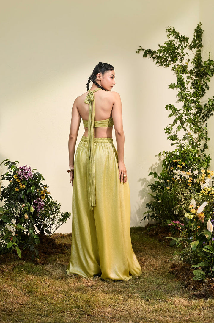 Lime Green Chiffon Anther Halter Blouse With Wide Legged Pants