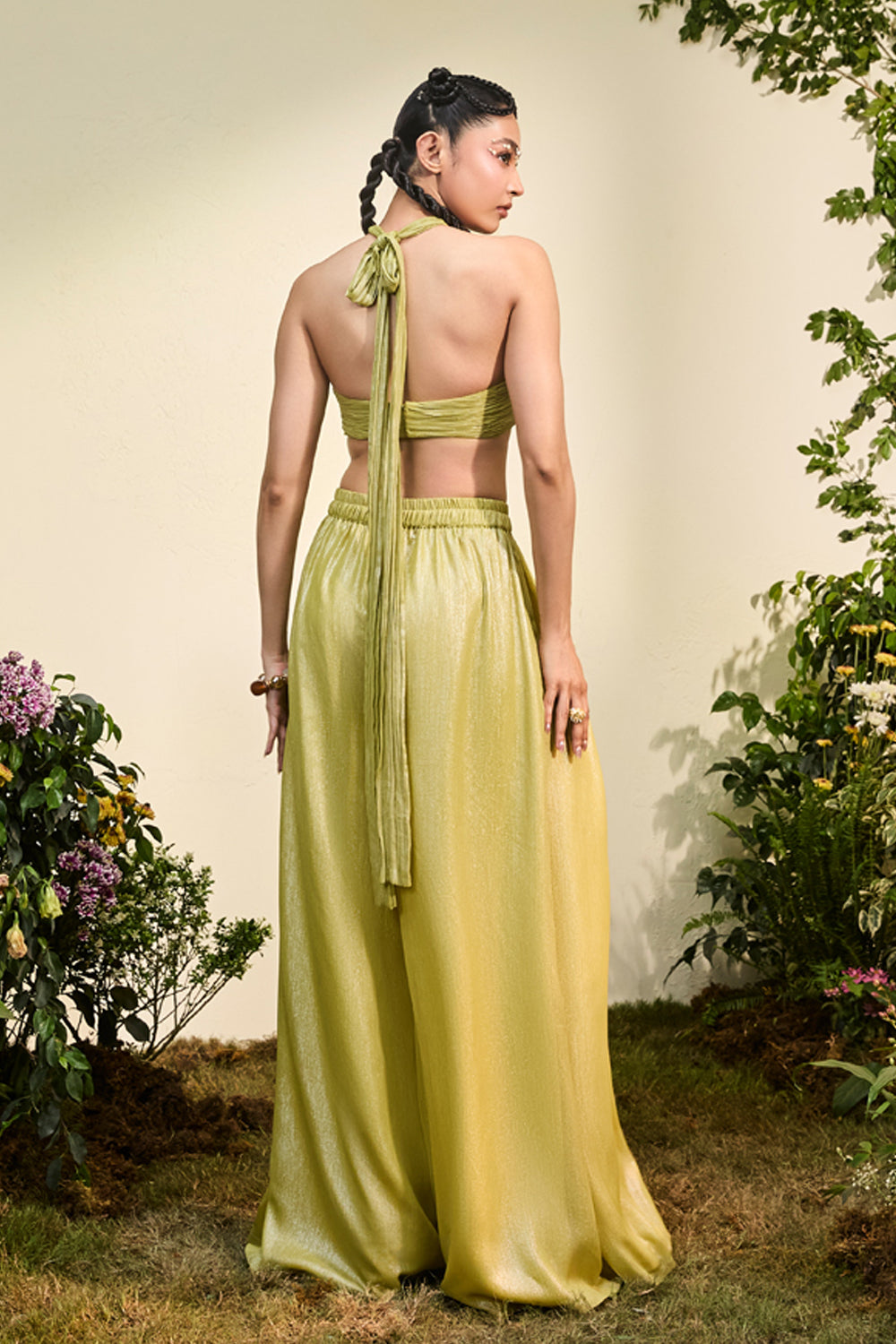 Lime Green Chiffon Anther Halter Blouse With Wide Legged Pants